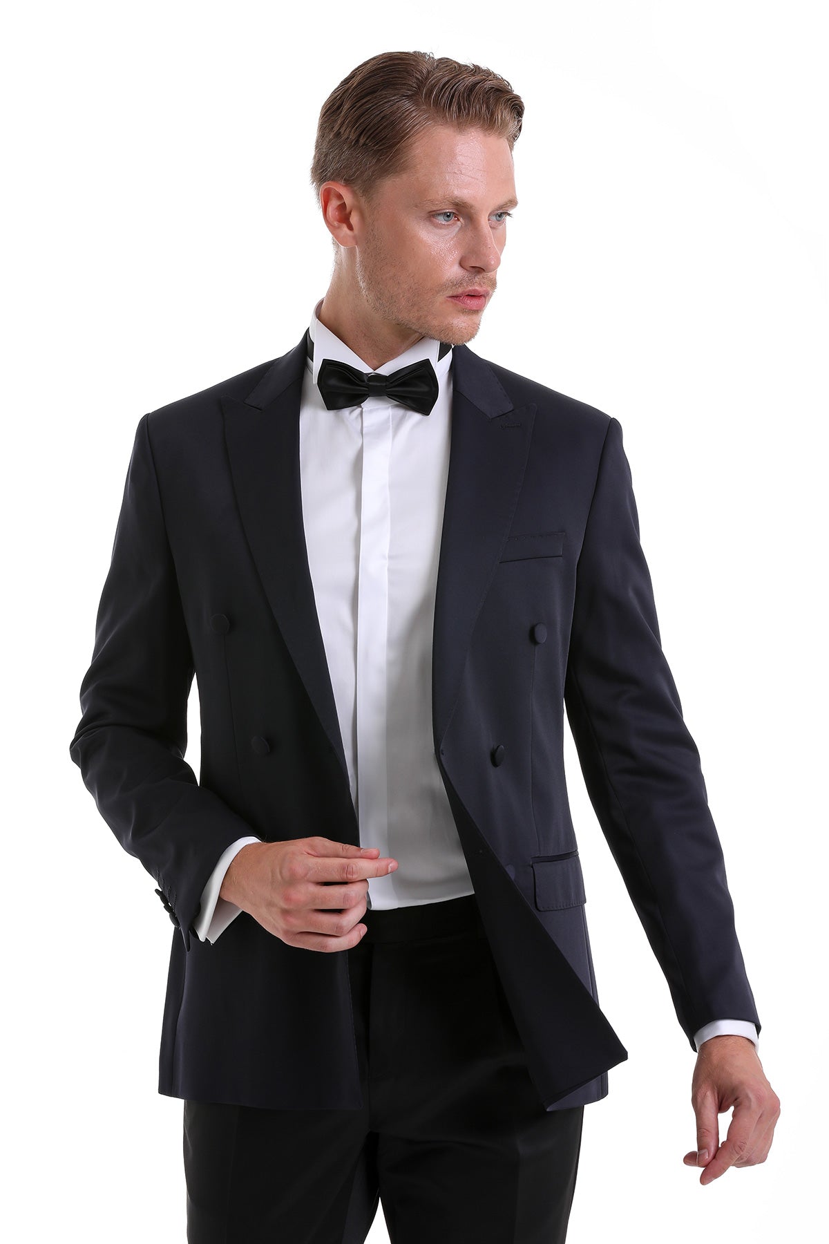 Slim fit black double-breasted tuxedo jacket with notched lapels and satin trim for classic formal wear