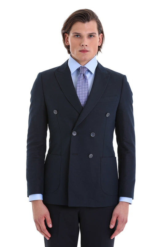 Navy blue double-breasted suit jacket with silver buttons and notched lapels