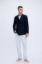 Slim fit double breasted navy linen casual blazer perfect for stylish and comfortable smart casual wear
