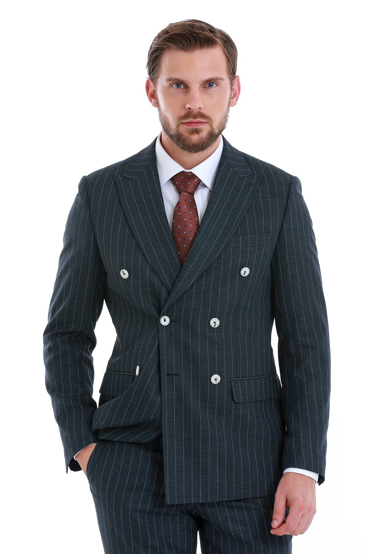 【完売品】FLARE DOUBLE-BREASTED STRIPED SUIT Men's Slim Fit Double-Breasted Navy Suit - SAYKI