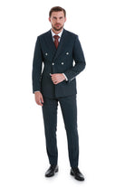 A dark navy double-breasted suit with thin vertical pinstripes and white buttons.