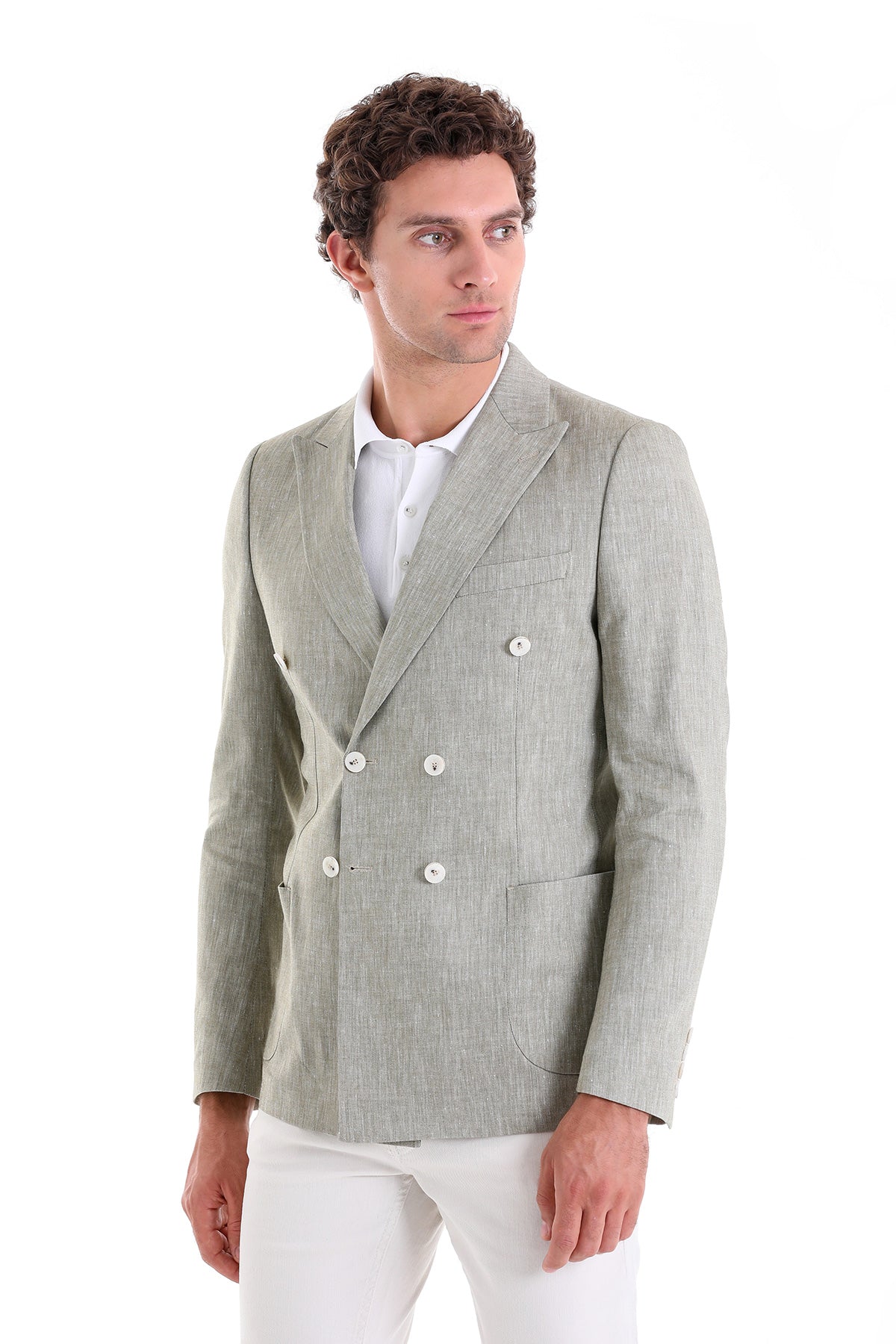 Light green double-breasted blazer with subtle vertical stripes and white buttons.