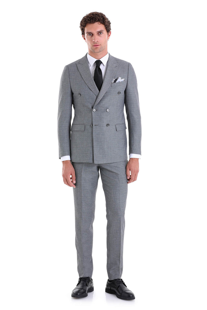 Slim Fit Double Breasted Patterned Gray Classic Suit -