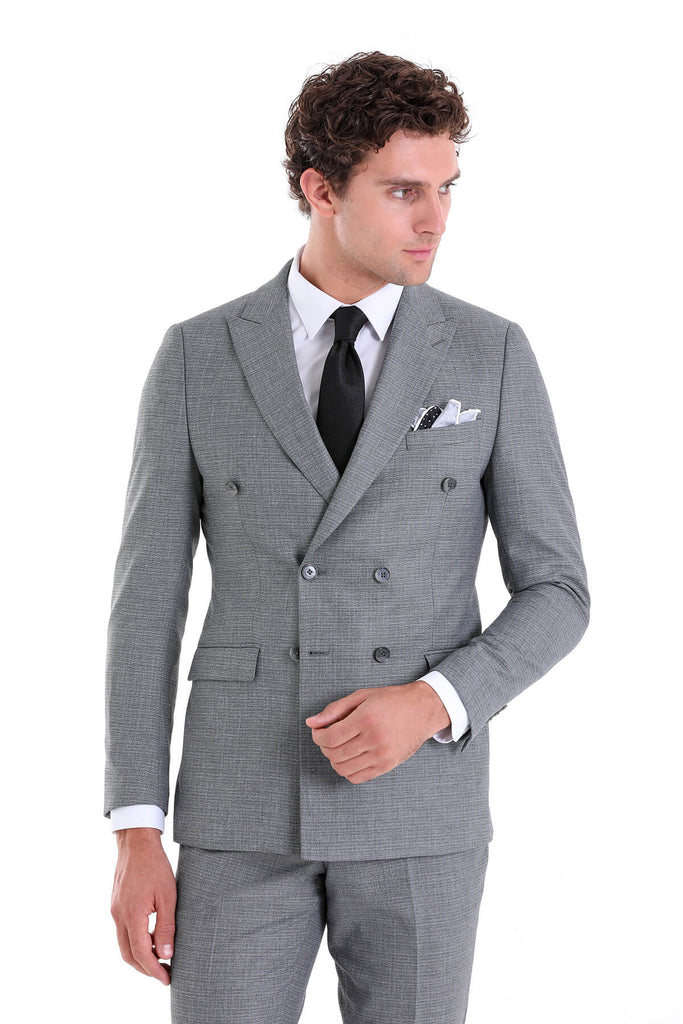 Slim Fit Double Breasted Patterned Gray Classic Suit - MIB