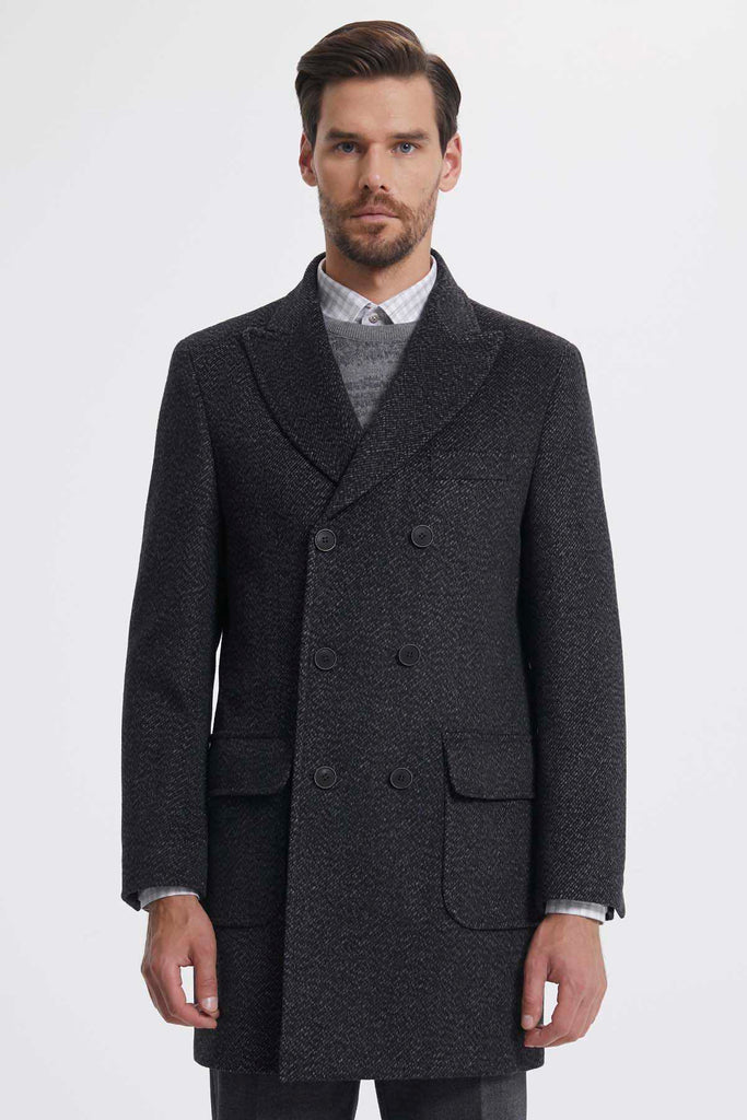 Slim Fit Double Breasted Peak Lapel Wool Gray Overcoat - MIB