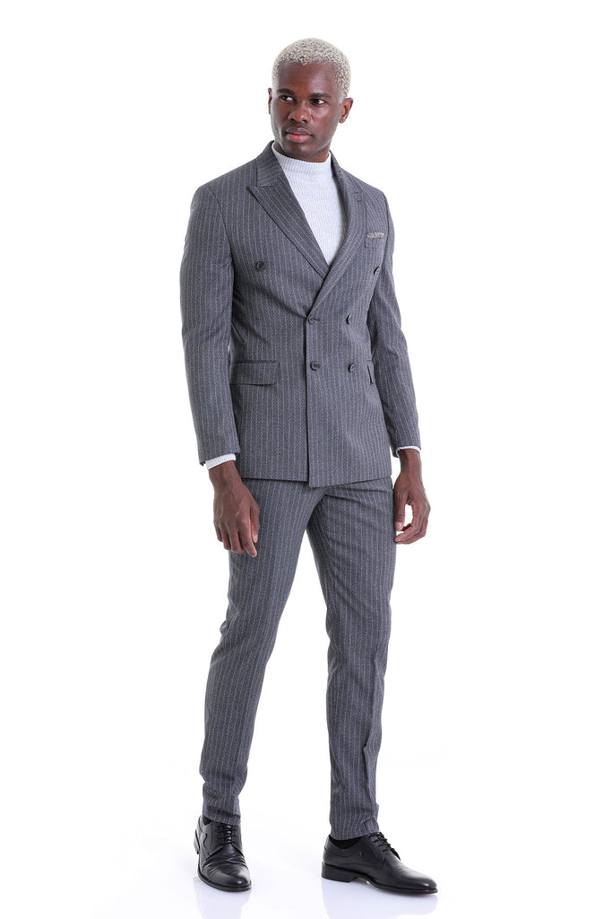 Slim Fit Double Breasted Striped Black Classic Suit - MIB