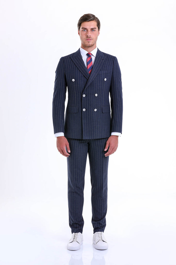 Slim Fit Double Breasted Striped Navy Casual Suit - MIB