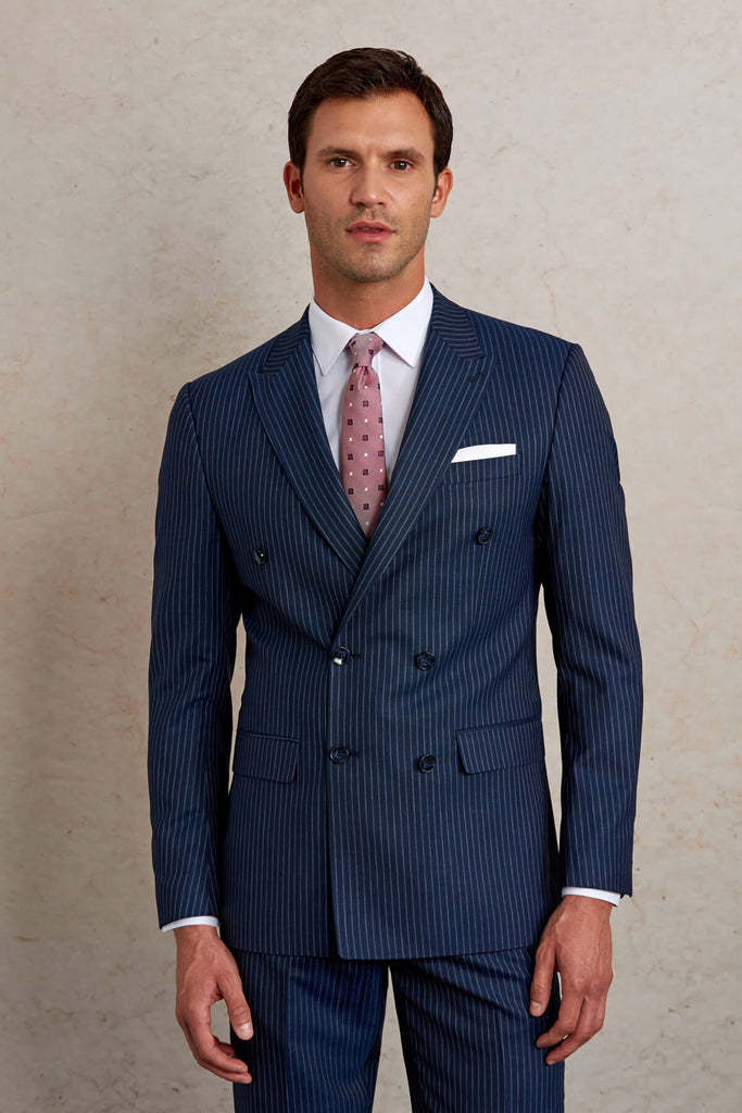 Slim Fit Double Breasted Striped Wool Blend Navy Classic