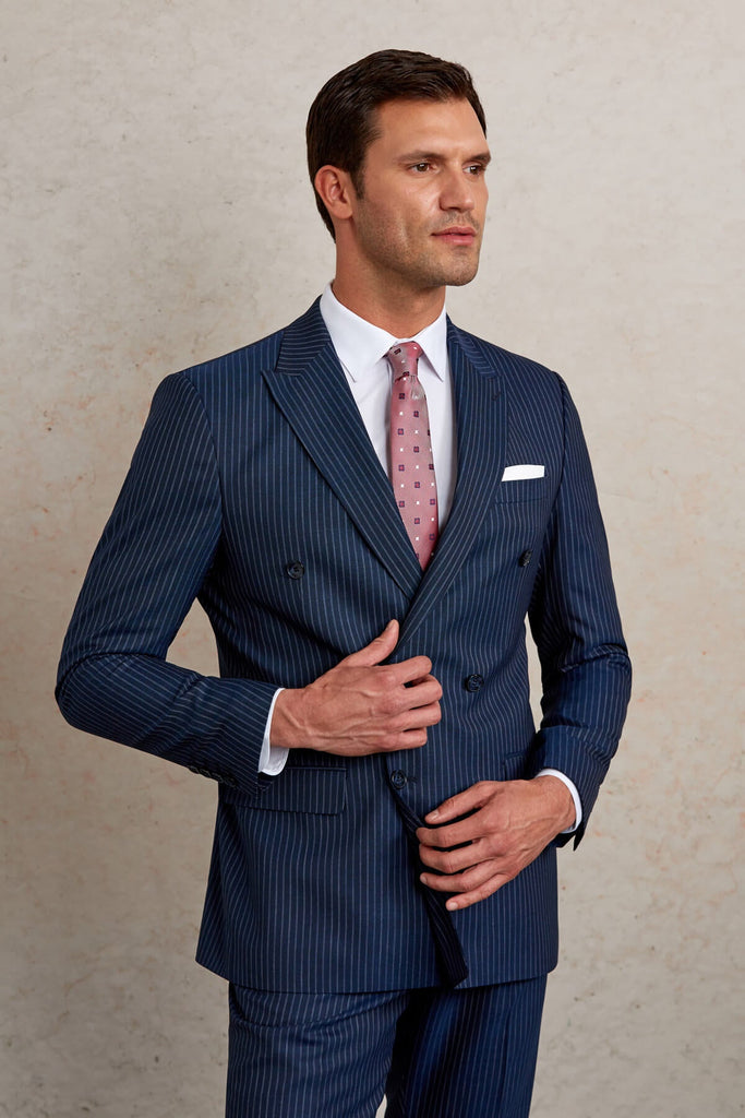 Slim Fit Double Breasted Striped Wool Blend Navy Classic