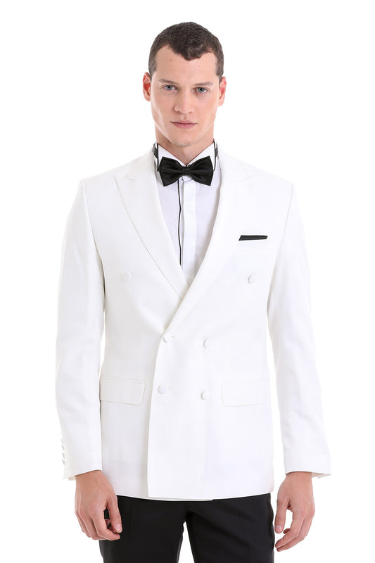 White double-breasted tuxedo jacket with black satin lapels and matching pocket square.