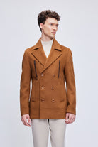 Slim Fit Double Breasted Wool Blend Camel Coat - SAYKI