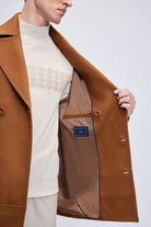 Slim Fit Double Breasted Wool Blend Camel Coat - SAYKI