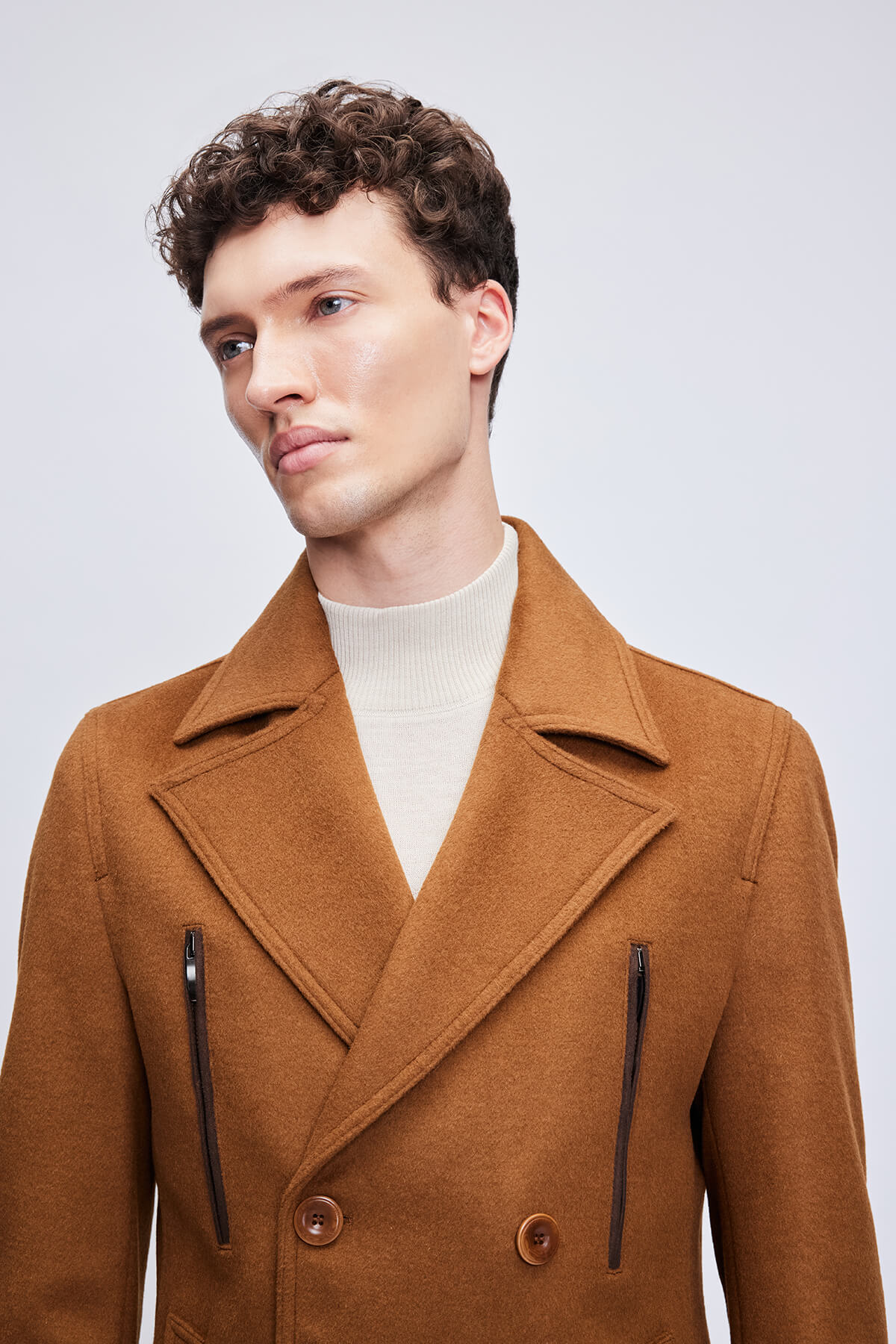 Slim Fit Double Breasted Wool Blend Camel Coat - SAYKI