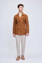 Slim Fit Double Breasted Wool Blend Camel Coat - SAYKI