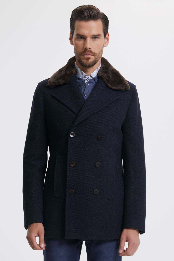 Slim Fit Double Breasted Wool Navy Overcoat - MIB