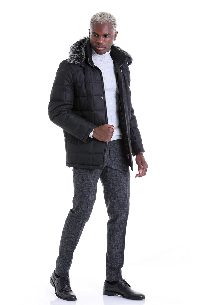 Slim Fit Eagle Furry Hooded Black Coat - MIB