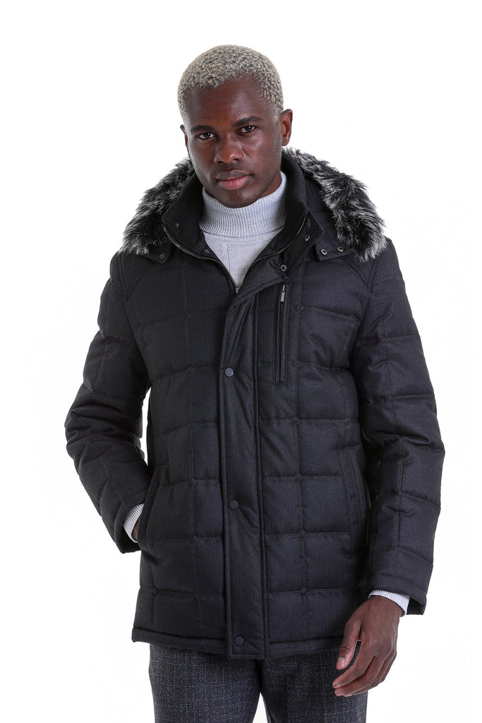 Slim Fit Eagle Furry Hooded Black Coat - MIB