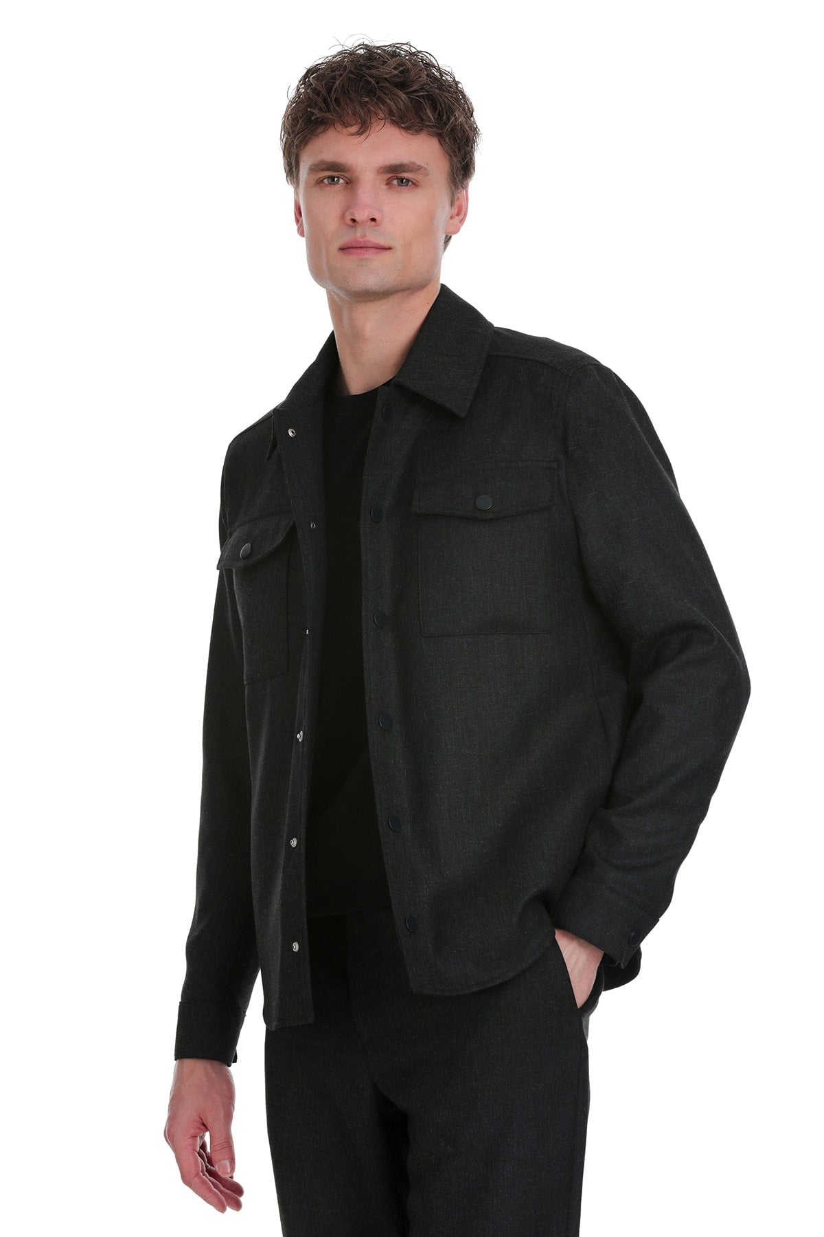 Slim Fit Enamel Blue Notch Lapel Overshirt Casual Suit