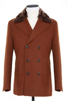 Brown wool double-breasted coat with a plush fur collar.
