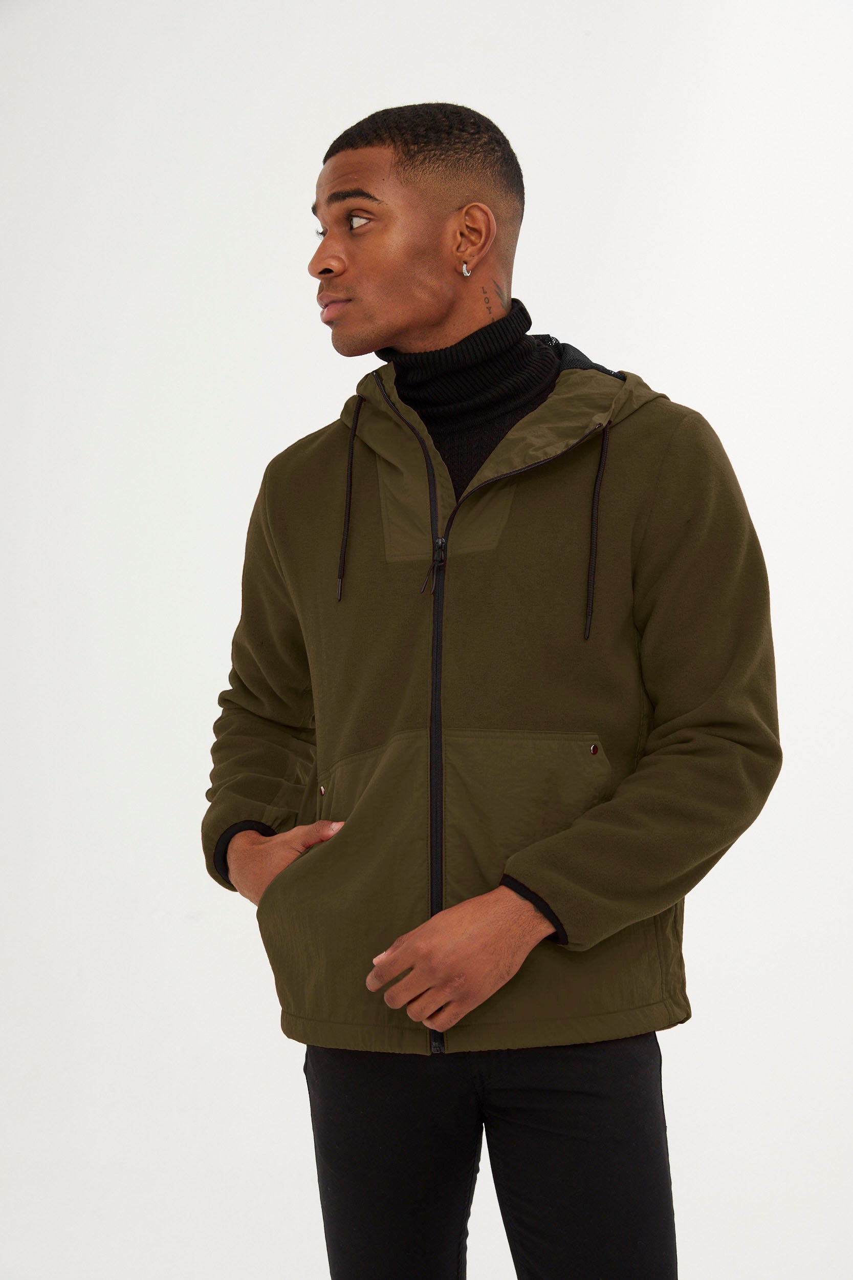 Slim Fit Fleece Polar Casual Khaki Hooded Coat - SAYKI