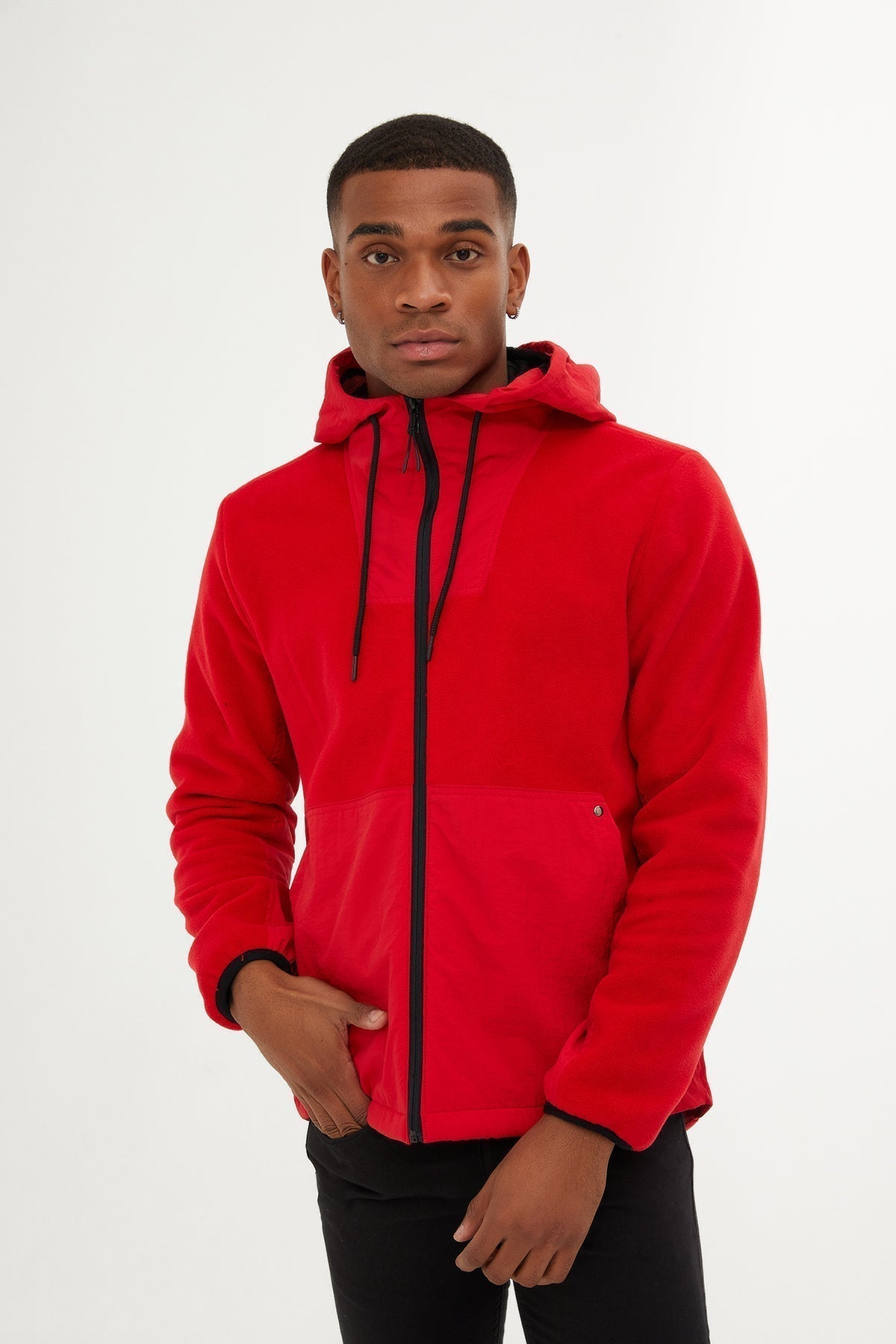 Slim Fit Fleece Polar Casual Red Hooded Coat - SAYKI