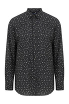 Black long-sleeved button-down shirt with a subtle white floral pattern.