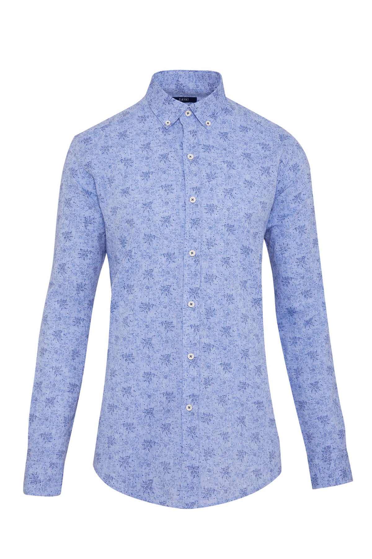 Light blue button-down shirt with a subtle geometric pattern and white buttons.