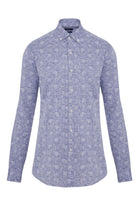 A men’s long-sleeved button-down shirt in a subtle blue and white patterned fabric, featuring a classic collar and neatly stitched cuffs.
