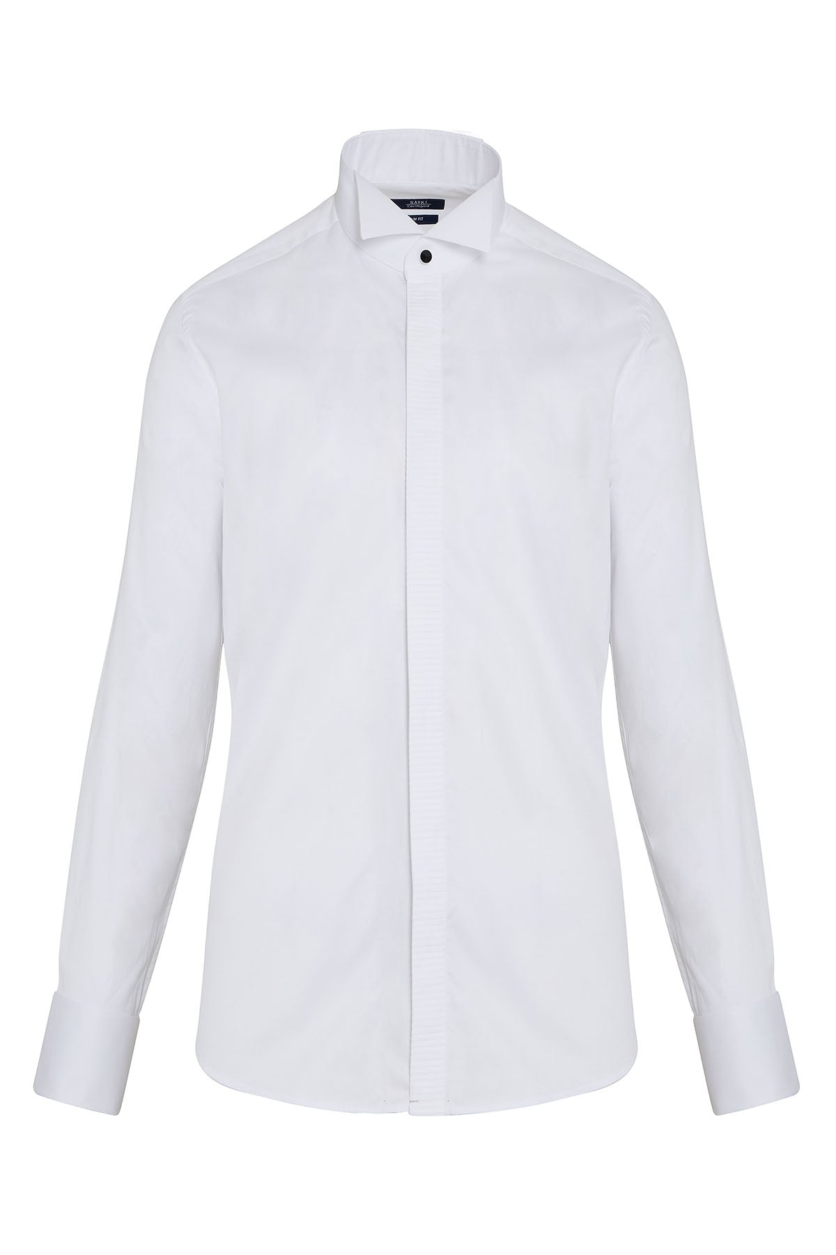 White men’s formal shirt with a crisp, tailored fit and black button accents at the collar.