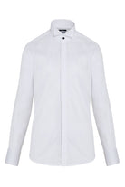 White men’s formal shirt with a crisp, tailored fit and black button accents at the collar.