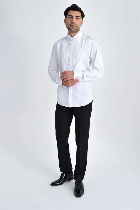 White tuxedo shirt with pleated front and button cuffs.