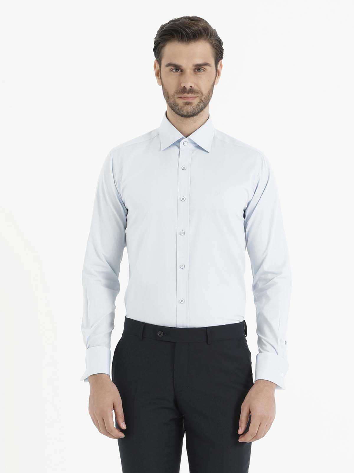 Slim Fit French Cuff Cotton Blue Tuxedo Shirt - SAYKI