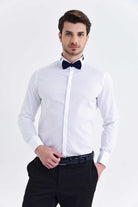 White men’s formal long-sleeve dress shirt with a crisp collar and button-down front.