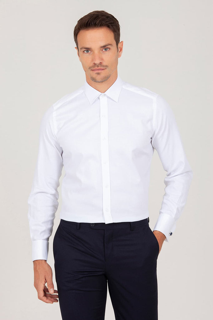 Slim Fit French Cuff Patterned Cotton White Dress Shirt