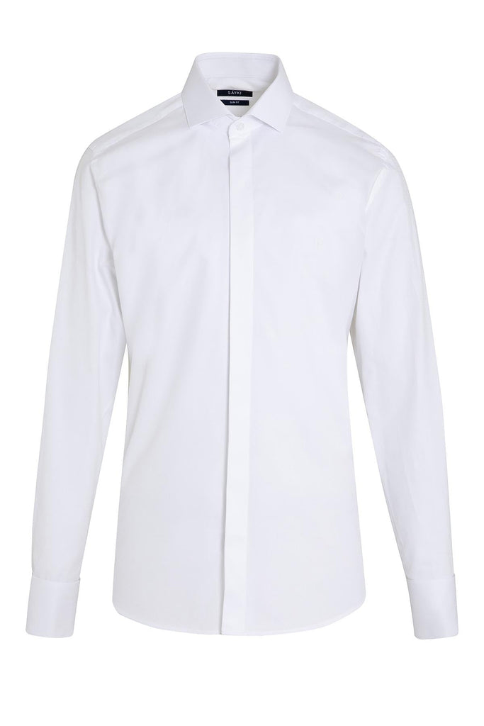 Slim Fit French Cuff Patterned Cotton White Dress Shirt -
