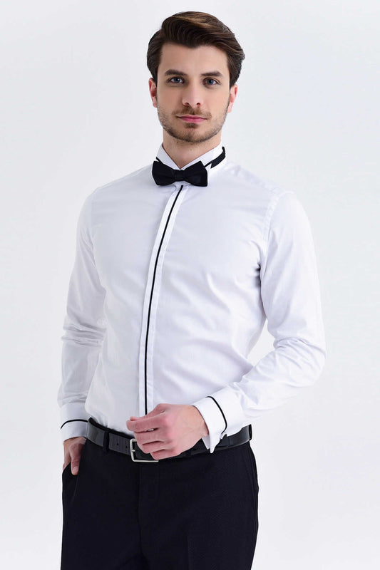 White dress shirt with black trim along the front placket and cuffs, paired with a matching bow tie.