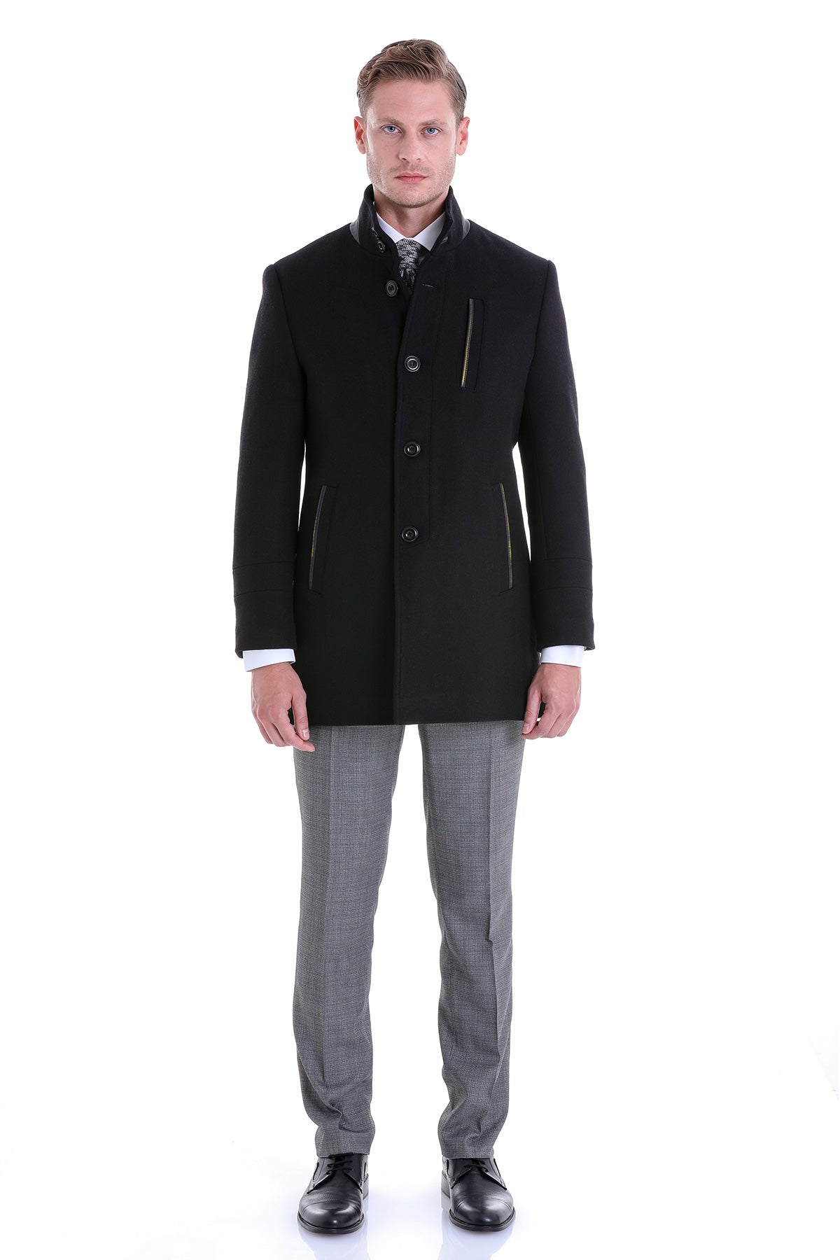 Slim Fit Funnel Stand Collar Black Wool Blend Overcoat – SAYKI