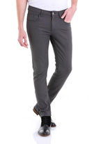 Dark gray slim-fit trousers with a classic five-pocket design and belt loops.