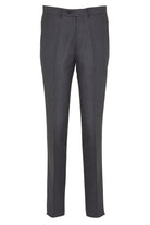 Dark gray tailored trousers with a subtle textured weave and classic straight-leg cut.