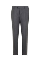 Dark gray wool blend trousers with a subtle textured pattern and classic tailored fit.