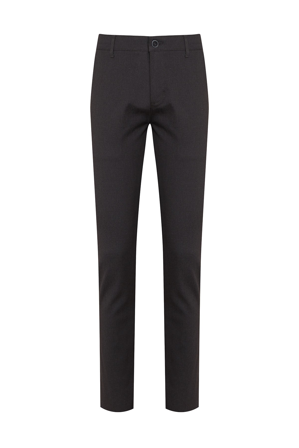 Black slim-fit trousers with a sleek, tailored design and subtle texture.