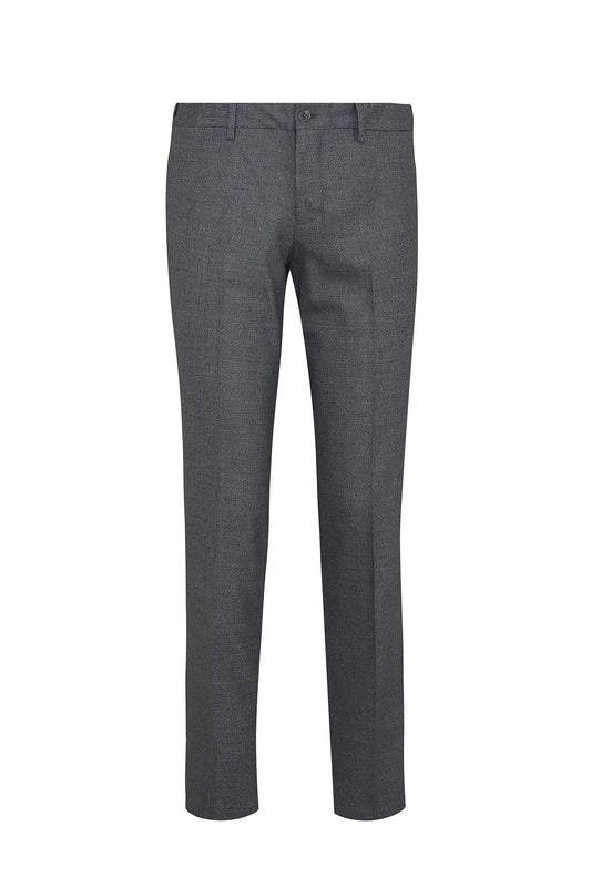 Charcoal gray slim fit trousers with a subtle textured pattern.