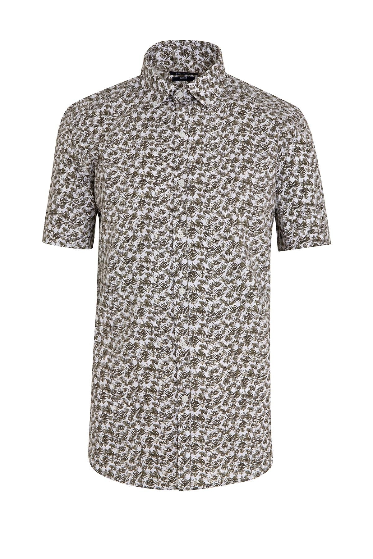 A men’s short-sleeved button-up shirt in a subtle gray and white leaf pattern, crafted from lightweight cotton fabric.
