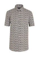 A men’s short-sleeved button-up shirt in a subtle gray and white leaf pattern, crafted from lightweight cotton fabric.