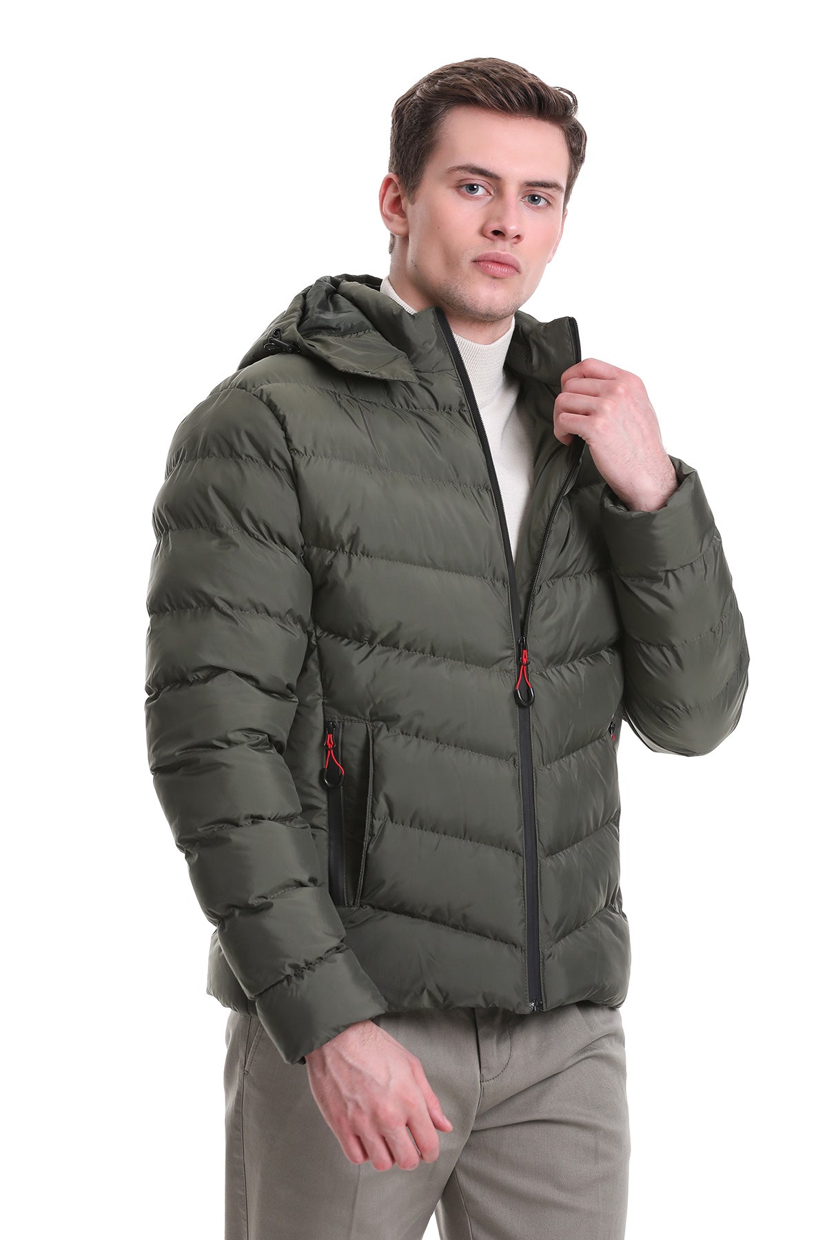 Slim Fit Khaki Hooded Stand Collar Coat – SAYKI