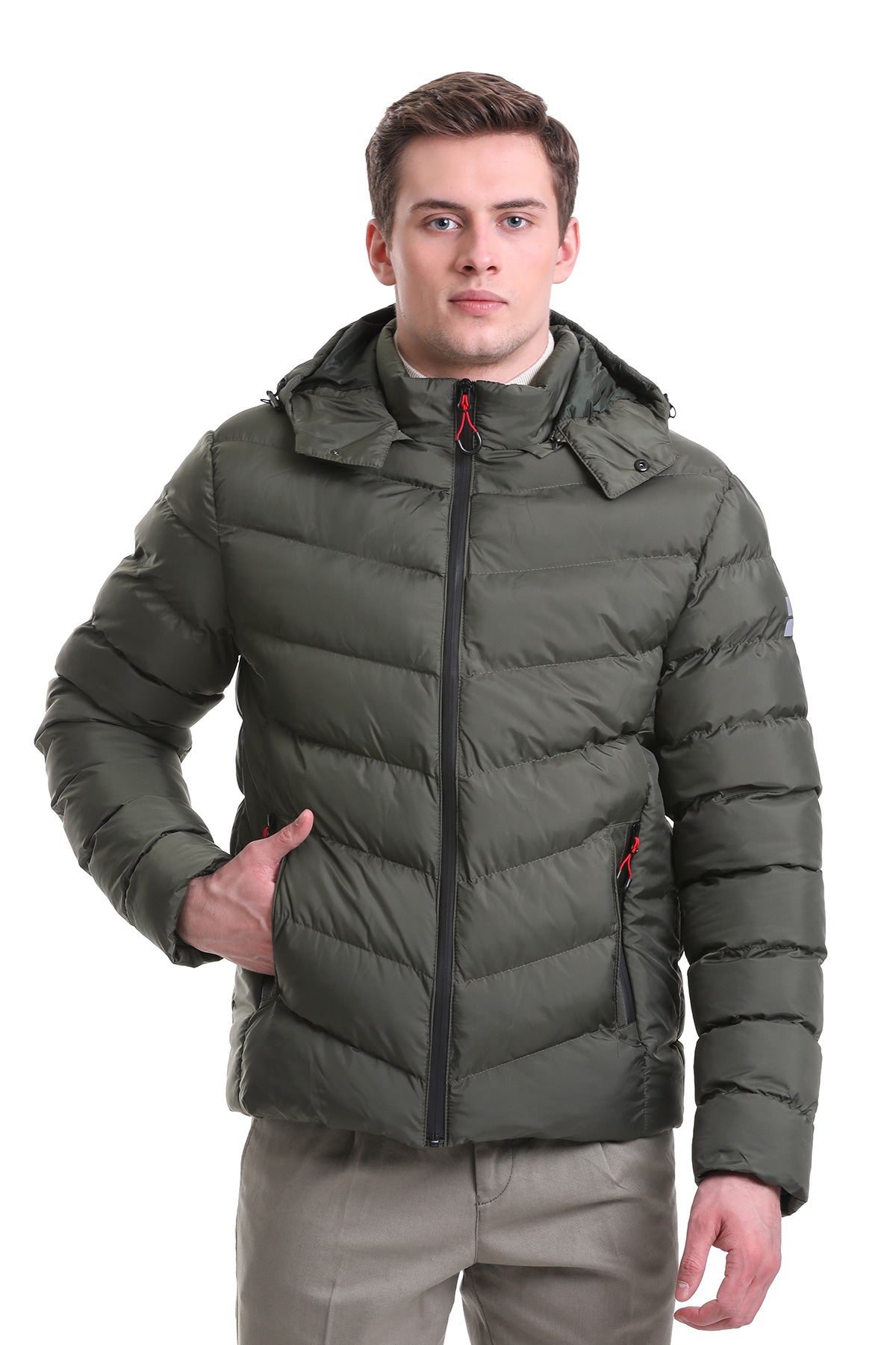 Olive green quilted puffer jacket with black zipper and red accent details.