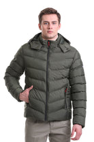 Olive green quilted puffer jacket with black zipper and red accent details.