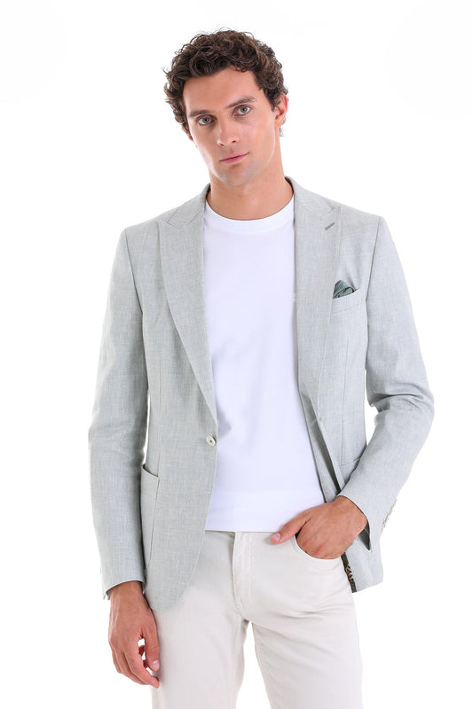 Light gray textured blazer with a subtle pattern and structured lapels.