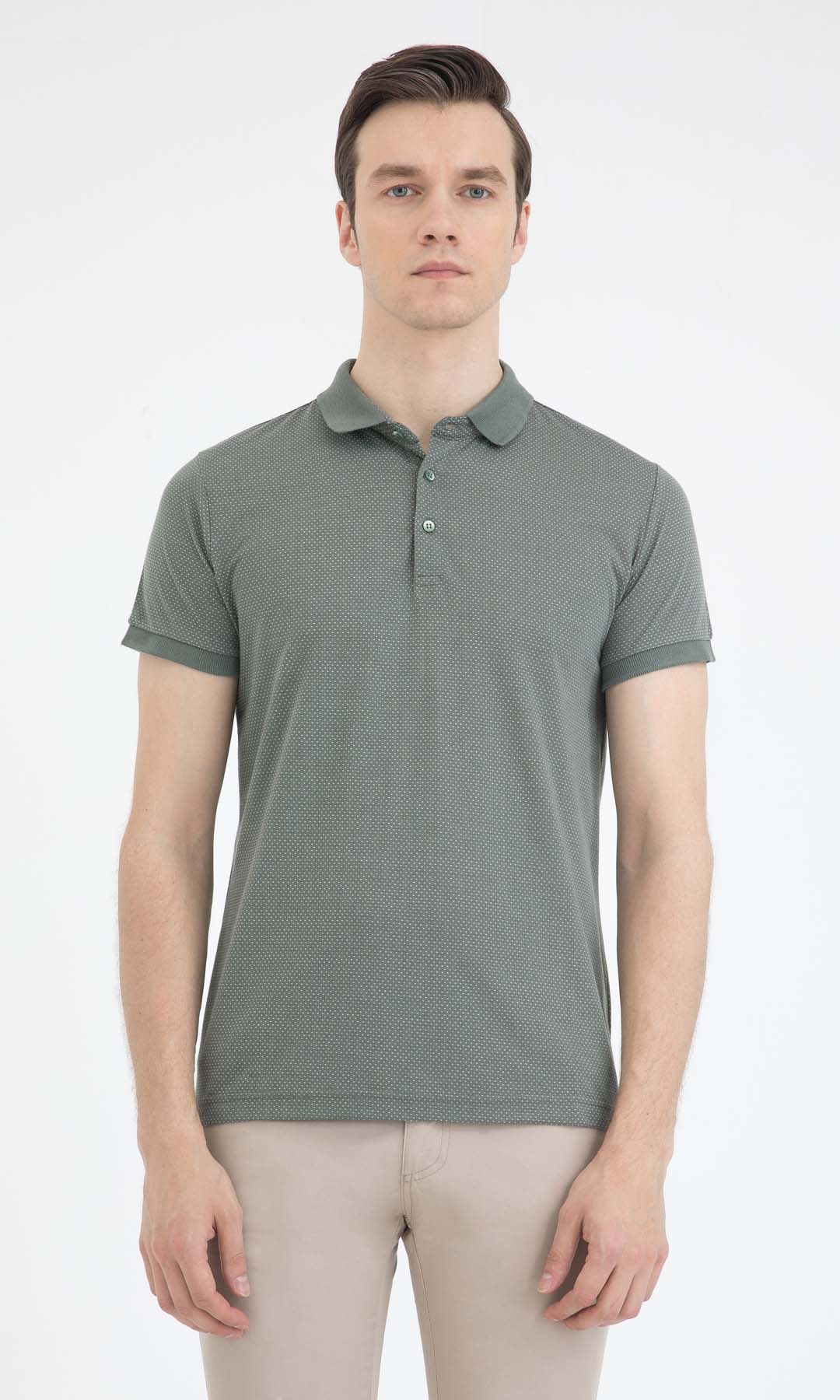 A men’s olive green polo shirt with a subtle textured pattern and matching collar.