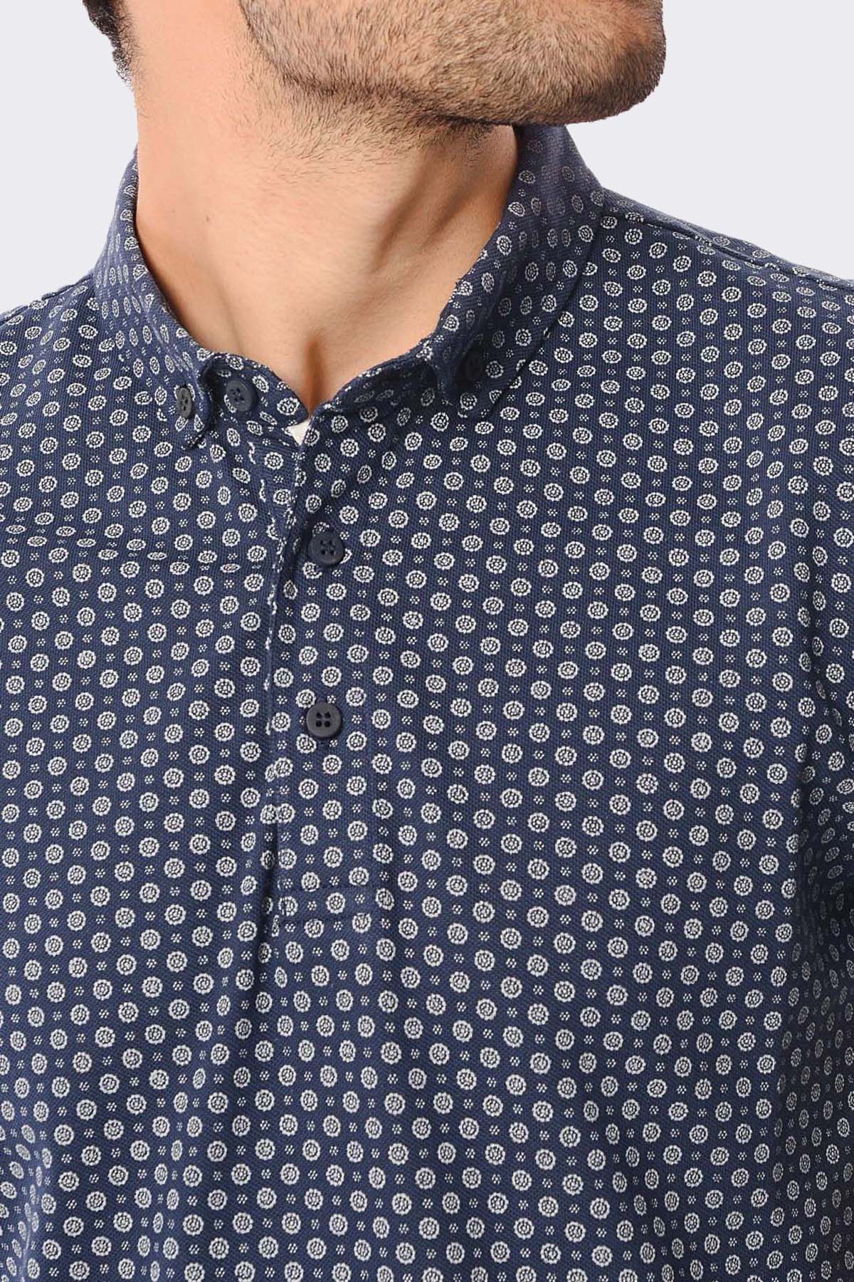 Slim Fit Light Navy - Stone Printed Cotton Polo T-Shirt